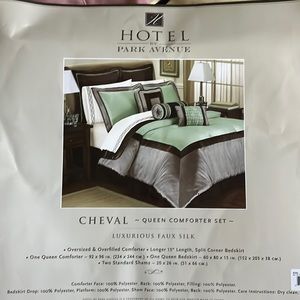 Queen comforter set. Green brown and gray.  Bedskirt shams